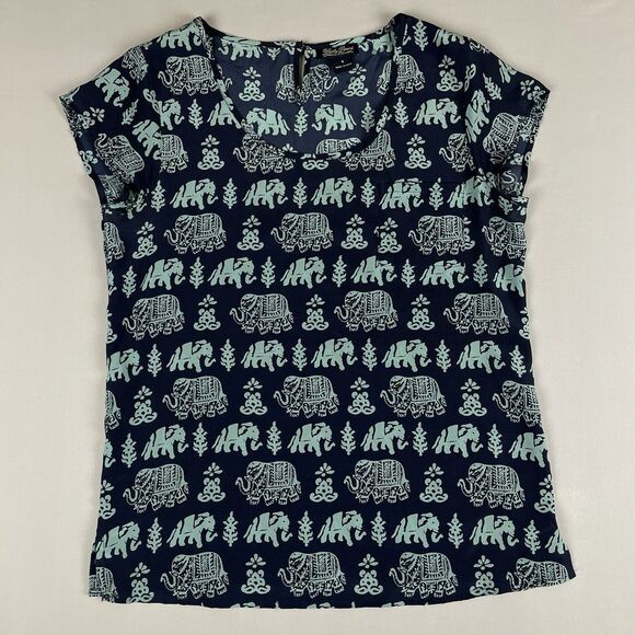 Lucky Brand Chiffon Short Sleeve Blouse Women's Small Blue Elephant Pattern Boho - Picture 7 of 13